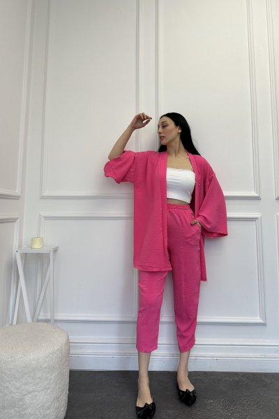 Kadın Aerobin Kumaş Pantolon Kimono Takım