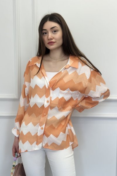 Düşük Omuz Zigzag Desenli Oversize Kadın Gömlek