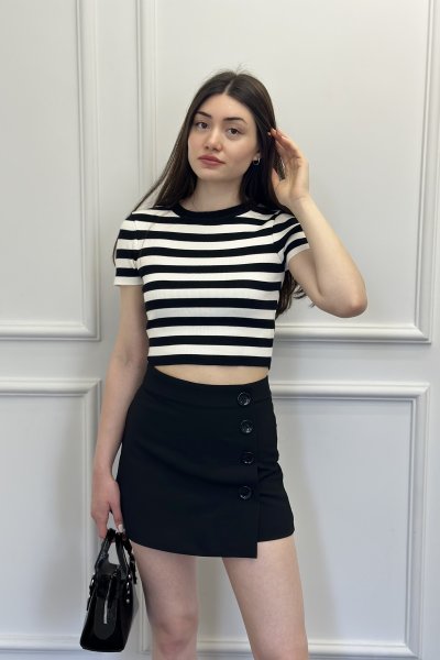 Bisiklet Yaka Kısa Kollu Çizgili Kadın Crop Tişört