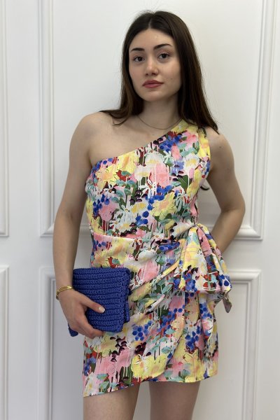 Tek Omuz Çiçekli Mini Kadın Elbise