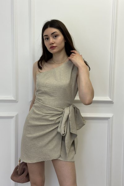 Tek Omuz Keten Bağlamalı Kadın Elbise
