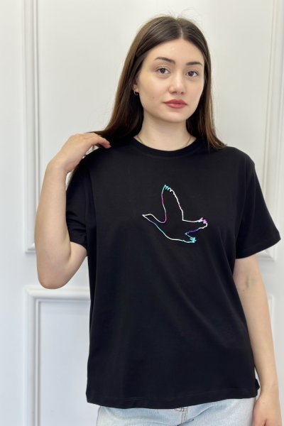 Muadil Parlak Kuş Baskılı Kadın Tişört