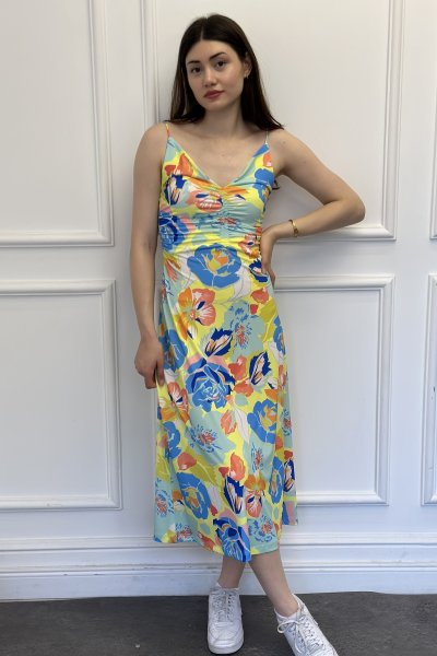 Büzgülü İp Askılı Midi Boy Kadın Elbise