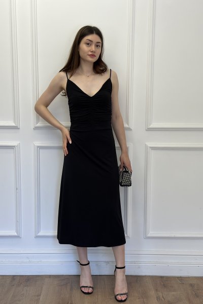 Büzgülü İp Askılı Midi Boy Kadın Elbise