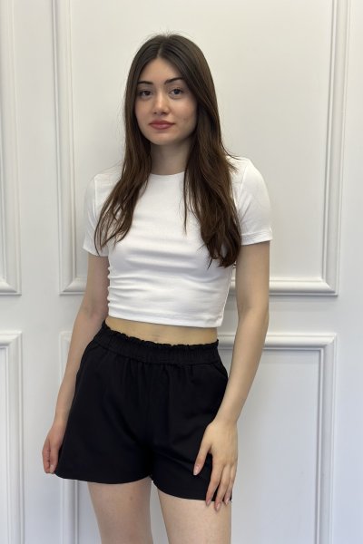 Kemeri Lastikli  Kadın Keten Şort