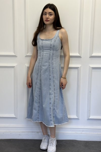 Eteği Tüylü Denim Kadın Elbise