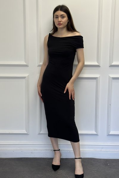 Midi Boy Yan Omuz Kadın Elbise