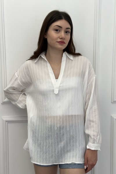 Yakalı Çizgili Keten Kadın Gömlek