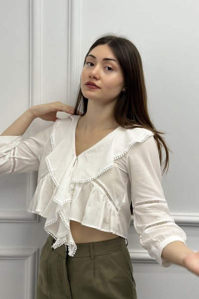 Şerit Detay Fırfırlı Kadın Crop Bluz