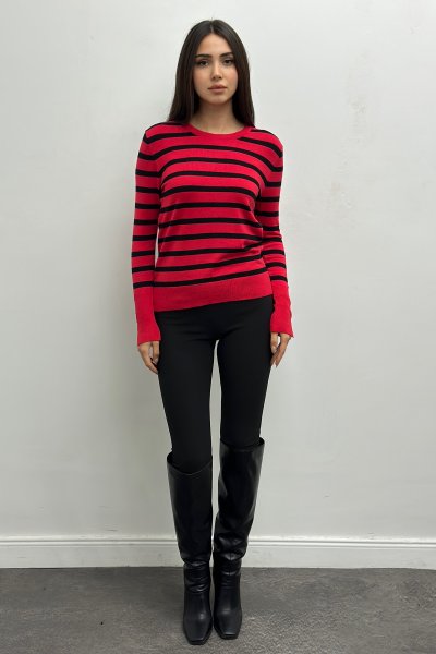 Kadın Bisiklet Yaka Çizgili Kol Ortası Droplu Kazak