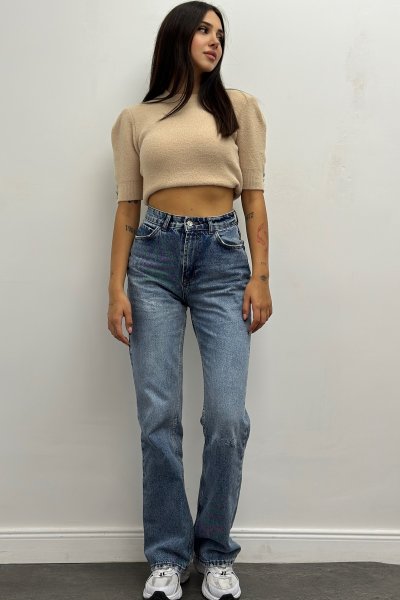 Bisiklet Yaka Kısa Kol Taşlı Kadın Kazak