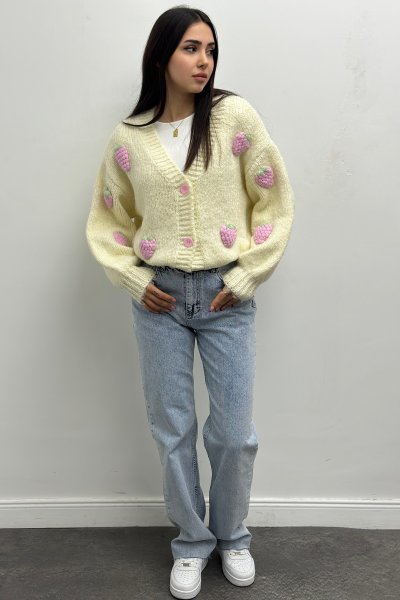 Kadın V Yaka Çilekli Nakışlı Balon Kol Kazak