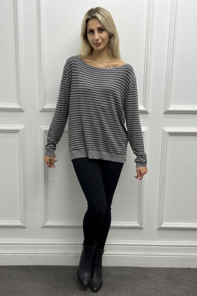 Kayık Yaka Çizgili Kadın Kazak