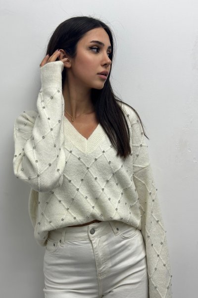 V Yaka Taş Çakımlı Kadın Kazak