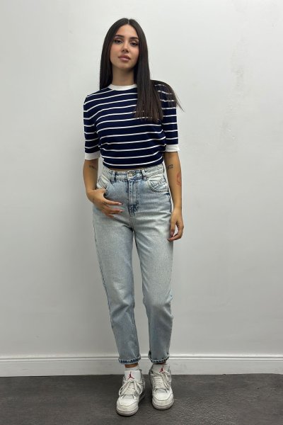 Çizgili Bisiklet Yaka Kadın Merserize Bluz