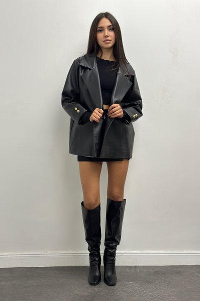 Deri Düğme Detaylı Astarlı Kadın Ceket