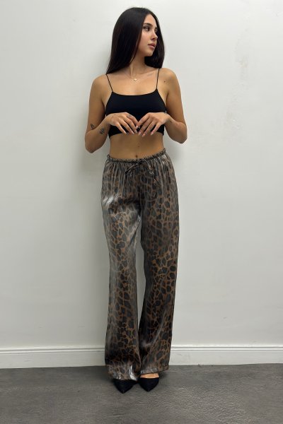 Leopar Desenli Saten Kadın Palazzo Pantolon