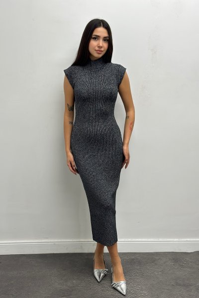 Dik Yaka Kolsuz Simli Elbise