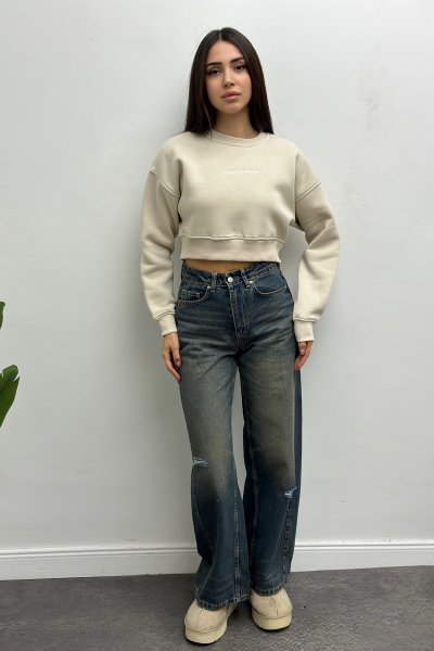 Kadın Muadil Şardonlu Crop Sweat