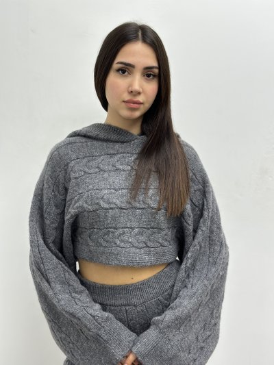 10459 Kapşonlu Kimono Kol Saç Örgü Crop Kazak