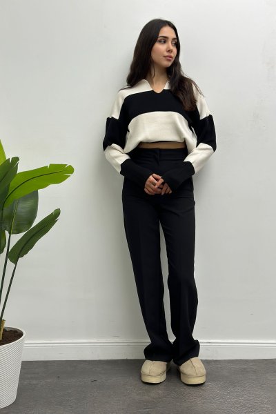 Kalın Çizgili Polo Yaka Kadın Kazak