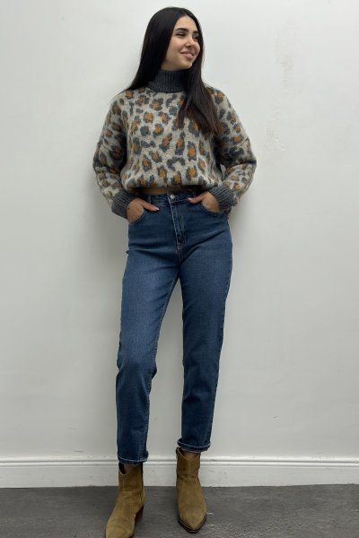 Kadın Leopar Desen Balıkçı Yaka Kazak