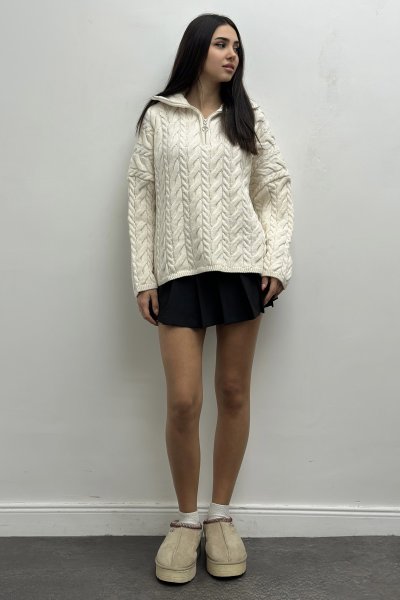 Saç Örgülü Fermuarlı Kadın Kazak