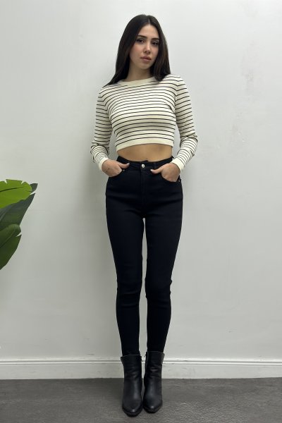 Kadın Muadil Çizgili Yumuşak Kumaş Crop Kazak