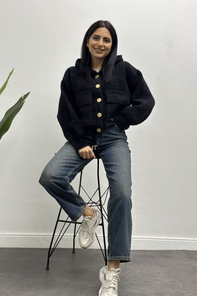 Kadın Angora Kapşonlu Düğmeli Hırka