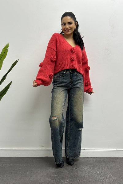 Kadın V Yaka El İşi Gül Nakışlı Çıt Çıtlı Balon Kol Hırka