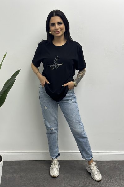 Kadın Kuşu Taşlı Muadil Tişört