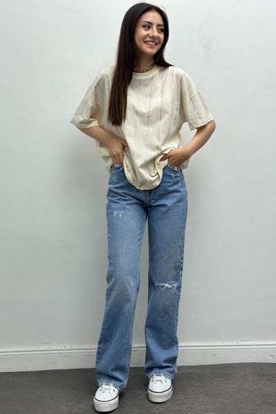 Kadın Taşlı Çizgili Tişört