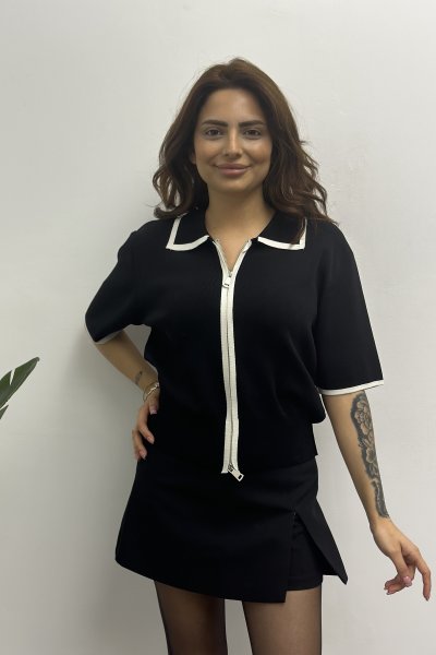 Kadın Kısa Kol Gömlek Yaka Fermuarlı Bluz