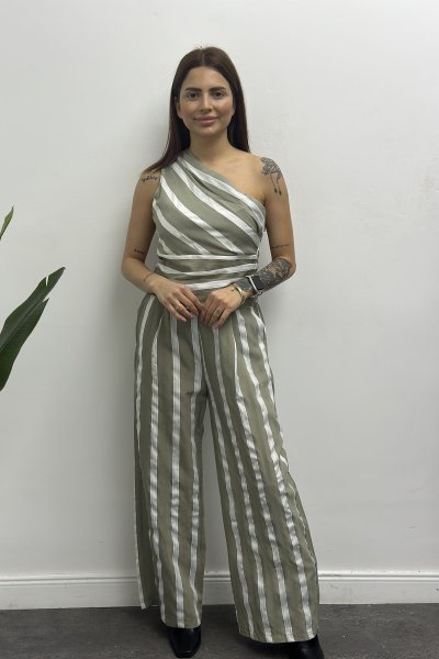 Kadın Çizgili Tek Omuz Bluz Pantolon Takım