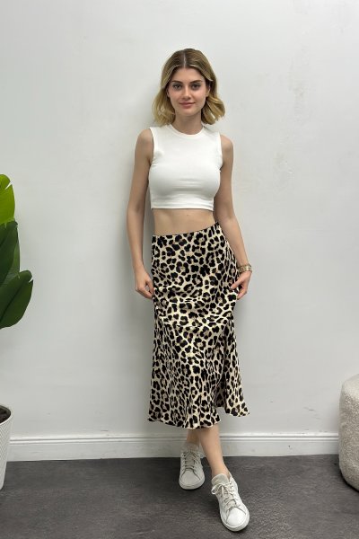 Kadın Leopar Desen Saten Verev Etek