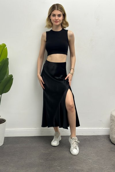 Kadın Yırtmaçlı Saten Verev Etek