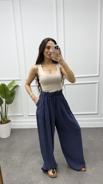 Kadın Beli Lastikli Tensel Kumaş Bol Paça Pantolon