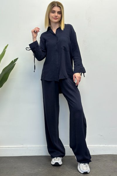 Kadın Kol Bağlama Detaylı Ham Keten Gömlek Pantolon Takım