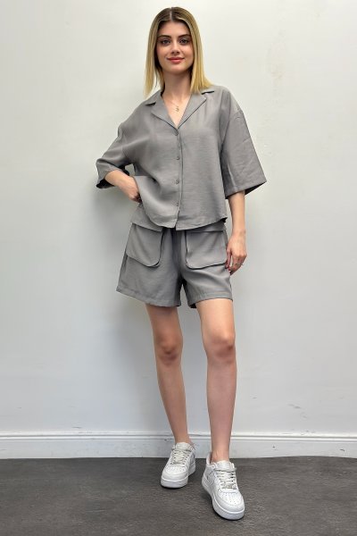 Kadın Önden Cepli Şortlu Gömlek Takım