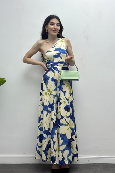 Kadın Tek Omuz Desenli Saten Tulum