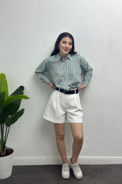 Kadın Önü Kendinden Bağlamalı Çizgili Gömlek