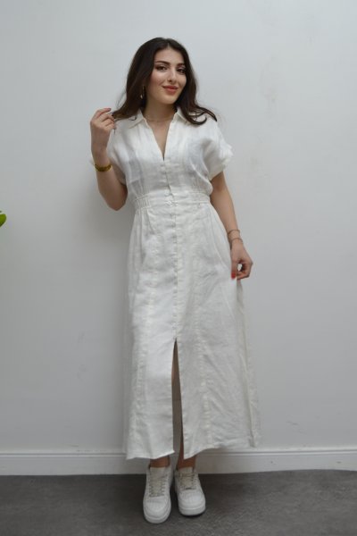 Kadın Önden Düğmeli Biritli Uzun Elbise