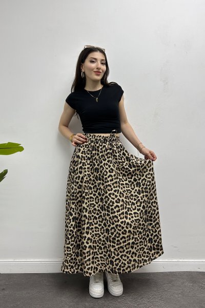 Kadın Leopar Desenli Kloş Etek