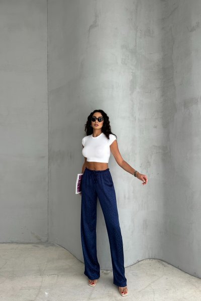 Kadın Leopar Desen Saten Jakarlı Bol Paça Beli Bağcıklı Pantolon