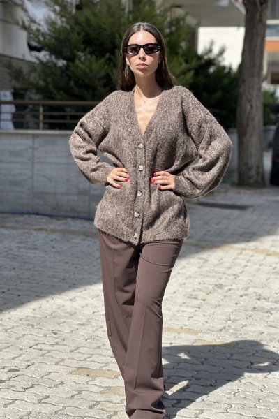 Kadın V Yaka Şardonlu Düğmeli Triko Hırka