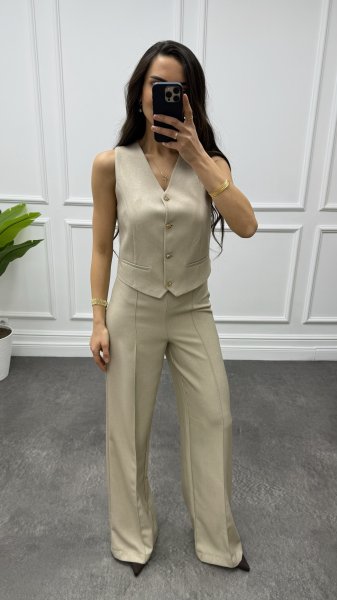 Kadın Yün Efektli Yelek Pantolon Takım