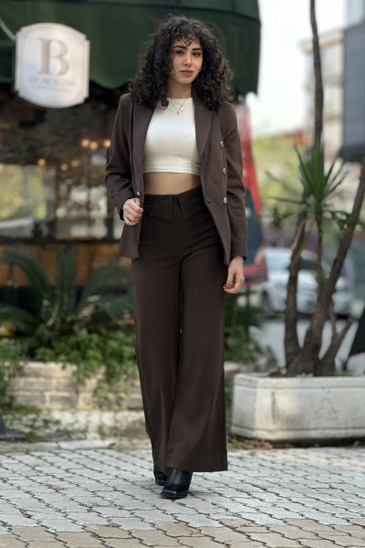 Kadın Çift Kemer Detaylı Bol Paça Pantolon