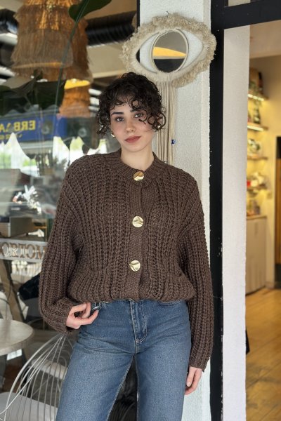 Kadın Bisiklet Yaka Yumuşak Dokulu Cepli Düğmeli Triko Hırka