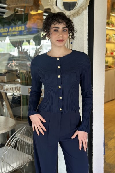 Kadın Bisiklet Yaka İspanyol Kol Gold Düğmeli Triko Hırka