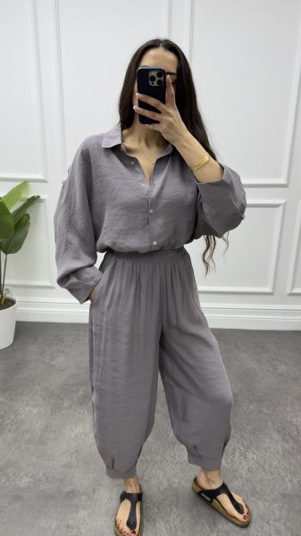 Kadın Tensel Kumaş Şalvar Pantolon Oversize Gömlek Takım